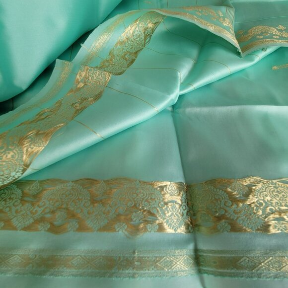Seafoam Green Silk & Gold Banarasi Saree Sari 2 Pcs NEW 44W x 184L - Picture 11 of 16